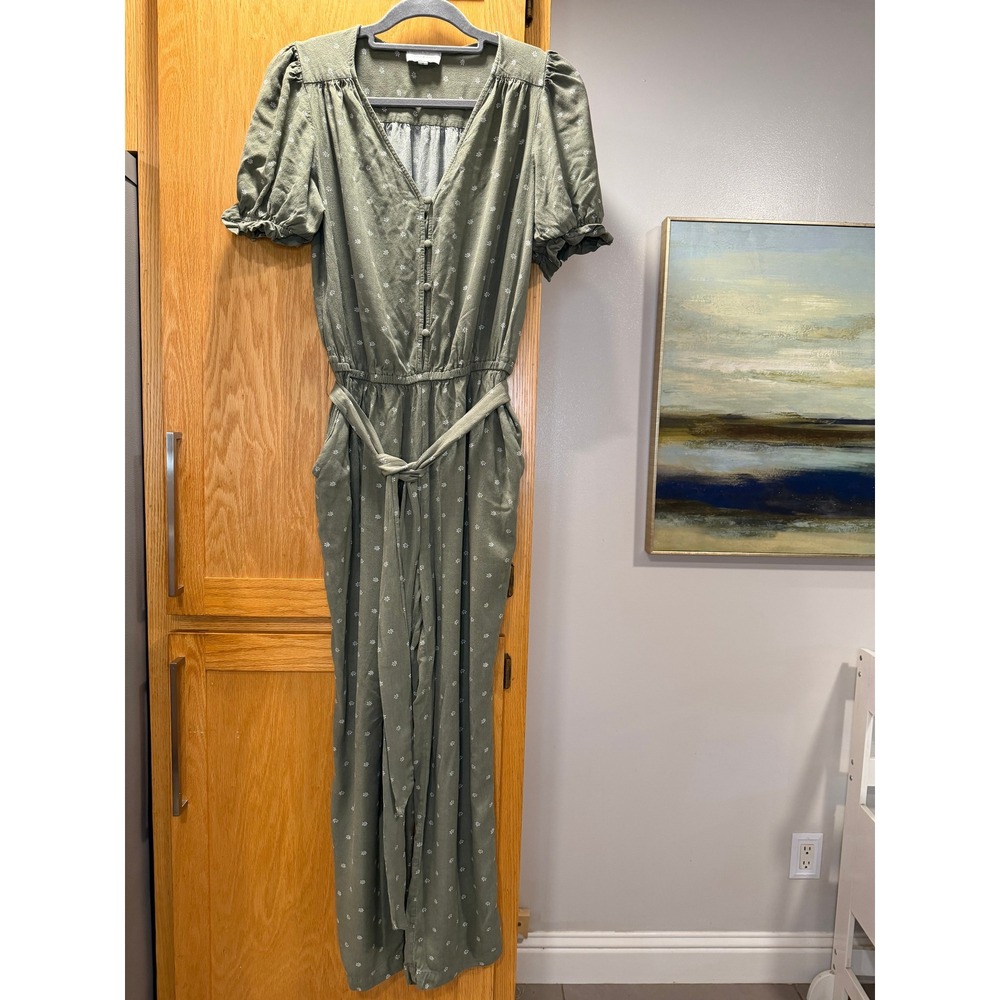 Lucky Brand Womens Green Floral Puff Sleeve Wide Leg Jumpsuit Olive Medium M